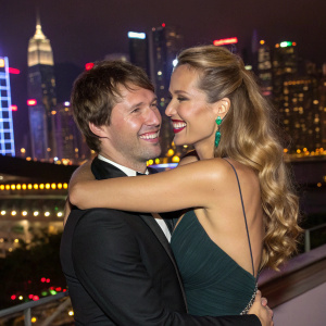 James Blunt and Petra Nemcova at a charity gala. They share a warm hug. The backdrop is bustling cityscape.