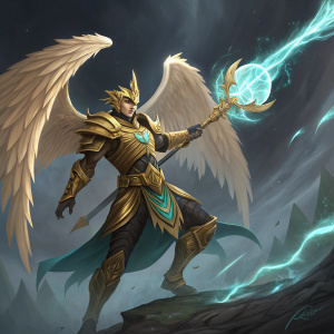 Digital artwork showcasing the Skywrath Mage from Dota 2. Majestic, golden armor and intricate designs. Dynamic pose, wielding powerful magic. Dark, dramatic background with swirling colors.