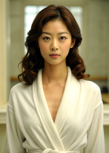 1girl, 20-year-old Korean actress Clara Lee Sung-min, with medium curly brown hair, wearing an open white bathrobe, luxurious bathroom: 1.1, half body to navel: 1.2 collarbone, 45-degree face looking at the audience, ((turbulent)), ( (Perfect body proportions)), ((full body view: 1.3)), grin, deep shadow, Weiss Anderson style, <lora:DetailedEyes_xl_V2:1>, <lora:neg4all_bdsqlsz_xl_V7:1>, (super delicate oval face)) ,((Beautiful eyes with long eyelashes)),((Real quality)),((Leica RAW photo)),64k,(