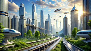 futuristic city with flying cars and fast trains