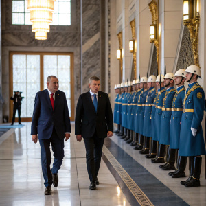 Recep Tayyip Erdogan and Andrej Babis stroll along a grand marble hallway. Behind them, soldiers in crisp blue and gold uniforms stand at attention, their white helmets gleaming under soft lighting.