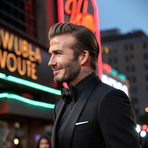 David Beckham, ex-professional footballer, attends Hollywood event. Wears sleek black tuxedo, subtle smile. Neon-lit cityscape background