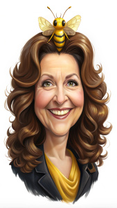 Caricatura de la abeja reina con cara de mujer de 40 años con pelo largo, castaño , ondulado .la mujer ha de ser fea