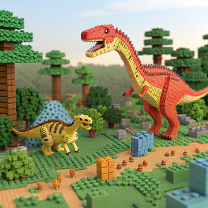 Dinosaurs rendered in a Minecraft aesthetic, standing in various playful poses within a pixelated landscape.