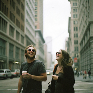 Chris Pratt and Katherine Schwarzenegger laughing on a busy city street. Dark t-shirt, sunglasses, blurred buildings