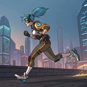 Tracer, from Overwatch, running with blue hair and special gear. City skyline background, digital illustration