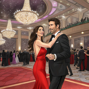 Dylan McDermott and Shiva Rose McDermott at a high-profile charity event. Shiva Rose in a fitted, red evening gown. Dylan in a sleek black suit. The venue, a grand ballroom with sparkling chandeliers and a bustling crowd. Candid moment captured in the middle of the dance floor.