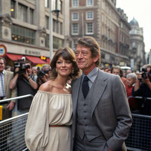 John Hurt and his spouse on the bustling streets of London. John, dressed in a tailored grey suit, while his wife opts for an elegant off-the-shoulder blouse. They are amidst a crowd of photographers and fans.
