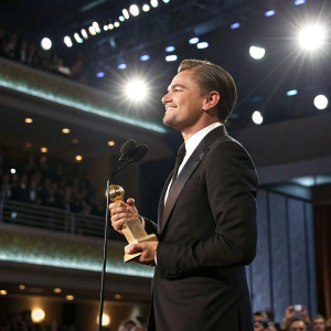 Leonardo DiCaprio accepting Golden Globe Award, dressed in classic black suit and tie. Crowded auditorium, bright spotlights.