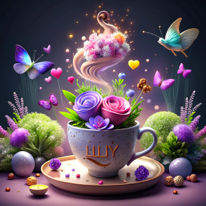 A Ai image of a elegant mug🍵 lilac , With a text " Lily " written below, with glittering letters and with surreal coffee fall into the coffee cup ☕️ . and two mini hearts outside glued to the mug. with hearts colors white and lilac small heart and butterflies, Surrounded by pink Peonies and green grass neon lights all over.