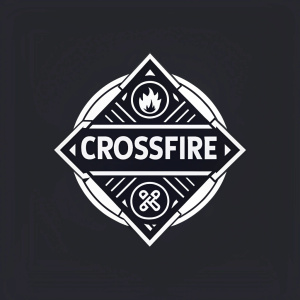 Modern logo design for Crossfire. Bold black and white color scheme. Clean, minimalist style. Central logo featuring stylized text surrounded by geometric shapes and icons.
