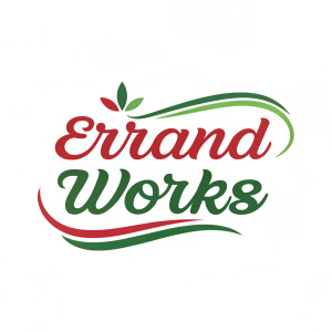 Errand Works logo featuring a vibrant design with dynamic curves. Text in elegant script. Predominantly red and green hues, symbolizing ongoing tasks and growth.