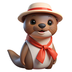 Ilustracion de nutria color cafe con cara tierna, sombrero ancho blanco con cinta negra, trapo en forma de triangulo color rojo colgado en el cuallo, formato cuerpo compelto