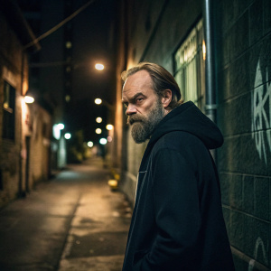 Hugo Weaving, with a meticulously styled beard, stares intently. Wearing a dark hoodie. The backdrop is an urban alleyway at night.