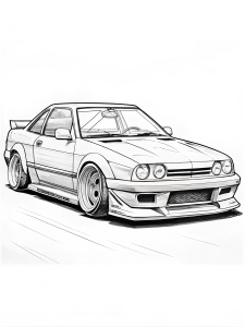 Black and white Coloring page for Adult, Cartoon Drift car, clean line art, black and white only