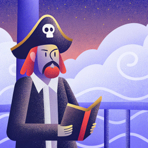 Illustration of Guybrush Threepwood from Monkey Island 3. Looking intensely at an ancient tome. Fantasy seascape background with swirling clouds. Cartoon style.
