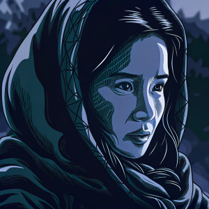 Liu Yifei-inspired digital character model. Close-up shot of face. Detailed wireframe overlay. Neutral expression. Soft, muted background