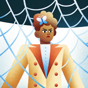 Cartoony illustration. Giorno Giovanna, JoJo's Bizarre Adventure. Serious expression. Wearing a yellow suit with red accents and a butterfly-shaped headpiece. Bound by web-like structure. Against a plain black background