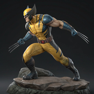 A highly detailed 3D model of Wolverine from Dirty Bomb. The character is posed mid-action, showing off his muscular build and intricate costume design. Dark background