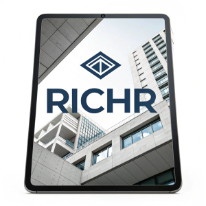 A sleek, digital advertisement for Richr, a real estate platform. The design features a blue geometric logo with the word 'richr' in bold letters, against a white background. The layout is minimalistic and professional.
