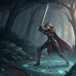 Fiora, from League of Legends, in combat pose. Dark forest background with glowing runes