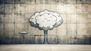 Minimalist Wall, perfect lines, Atomic bomb cloud, graffiti in the style of street art aesthetic, cute cartoonish designs