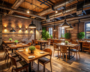 interior design of a loft-style restaurant in the basement