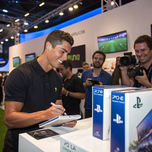 Cristiano Ronaldo signing autographs at a gaming expo. Surrounded by PlayStation 4 consoles with FIFA-themed designs and official branding. Holding a PlayStation controller.