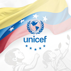 Digital campaign for Unicef featuring a sleek, white background with the iconic blue and white Unicef logo. The design is minimalistic and highly informative, focusing on the needs of Venezuelan children.