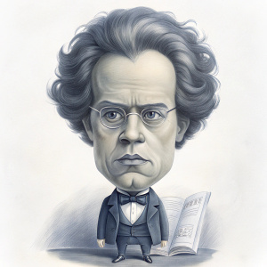 Draw a caricature of Gustav Mahler. His head is much larger than his body, like a bobblehead doll. Behind him, as part of the background, there is a music sheet