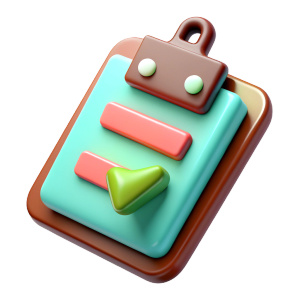 Generate 3D assets with a cartoon style featuring task clipboard for microstock purposes, there cannot be the same asset, use soft color, soft lightning