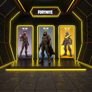 Fortnite gaming lobby, neon-lit interface with a black backdrop and glowing yellow accents. Character cards showcase detailed avatars with unique armor and accessories. Friendly welcome message displayed.