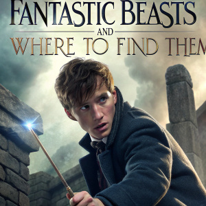 Promotional poster for Fantastic Beasts and Where to Find Them. Eddie Redmayne, determined expression, holding magical wand. Stone structures and ominous clouds in the background.