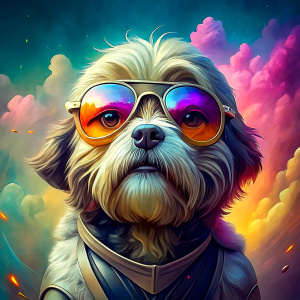 imagen perro  shitzu en una moto con lentes de sol subealista, colores pasteles