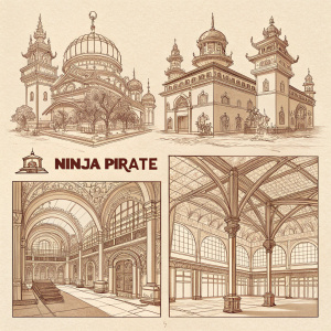Concept art for 'Ninja Pirate'. Detailed hand-drawn illustrations in brown ink. Depicting various architectural structures with intricate designs, high ceilings, and arches. Arranged in a grid layout, showcasing multiple perspectives.