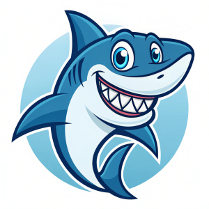 A cartoonish shark mascot logo with a playful grin, sharp teeth, and vibrant blue tones.
