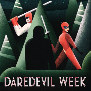Illustration depicting characters from Daredevil series. Vibrant red and black colors. Comic book style. 'DAREDEVIL WEEK' at bottom