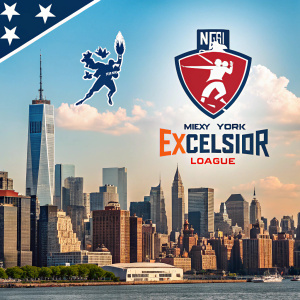 Promotional poster for the New York Excelsior in the Overwatch League. Bold graphics and dynamic design