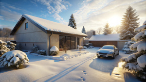 a winter courtyard with a house and a car in the snow, sunlight, a car in the foreground