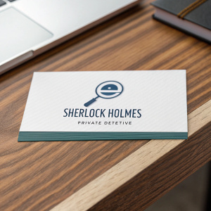 Professional business card for Sherlock Holmes, Private Detective. Card features modern logo and contact info, displayed on wooden desk.