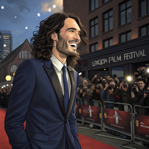 Russell Brand at the London Film Festival premiere. Dressed in a navy suit, smiling warmly. Crowds and flashing cameras in the background.