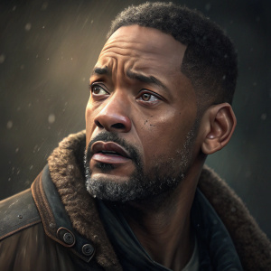 Close-up shot of Will Smith. His facial hair is textured and uneven. Dark, blurred background.