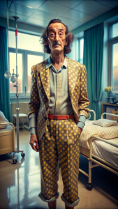 Salvador Dalí, standing  happy in a crazy hospital, funny outfit, skinny,  8K, best quality, ultrarealistic