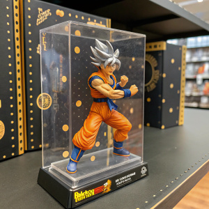 Dynamic retail display for Ultra Instinct Goku action figure. Black and gold packaging with Dragon Ball Stars branding. Figure in fighting pose, encased in clear plastic for showcase