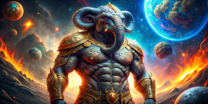elefante musculoso  psicodélico con traje espacial futurista color dorado , rasgos humanos,fuego,lasers y planeta tierra al fondo, planetas