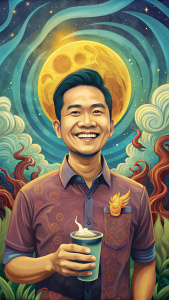 a happy men indonesian laughing caricature in the style of minimalist cartooning, holding a cup of coffee, cartoonish character design, and the moon, in the style of colorful biomorphic forms, pointillist nature scenes, dinocore, luminescent installations, vibrant palettes, richly colored skies, 35mm