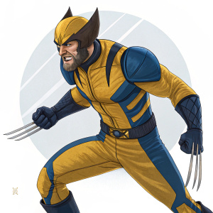Logan, aka Wolverine, fierce stance. Yellow and blue X-Men uniform. Sharp claws unsheathed, intense gaze. Digital artwork.