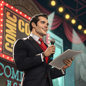 Henry Cavill, actor, at a Comic-Con panel. Wearing a black suit with a red tie. He's engaging with the audience, holding a script. Stage is bright with neon lights.