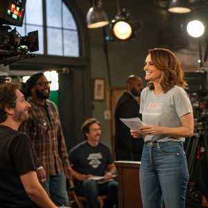 Tina Fey on the set of a sitcom. She is in casual clothes, jeans and a t-shirt, interacting with a group of actors. Studio lights and cameras visible.