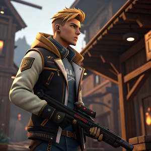 3D render of a male character from Valorant. Trendy short golden hair, modern jacket with design details. Holding a high-tech weapon. Rustic wooden structure in the background, urban setting with warm lighting.